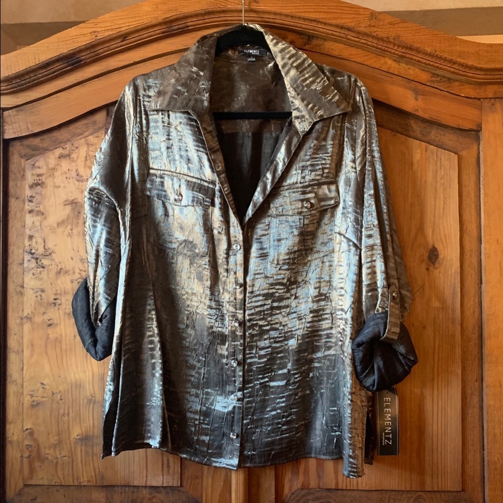 Elements glitzy copper button down blouse